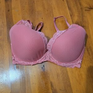 Natori Feathers Bra 34DDD Underwire Bright Pink Coral Lace Contour Plunge